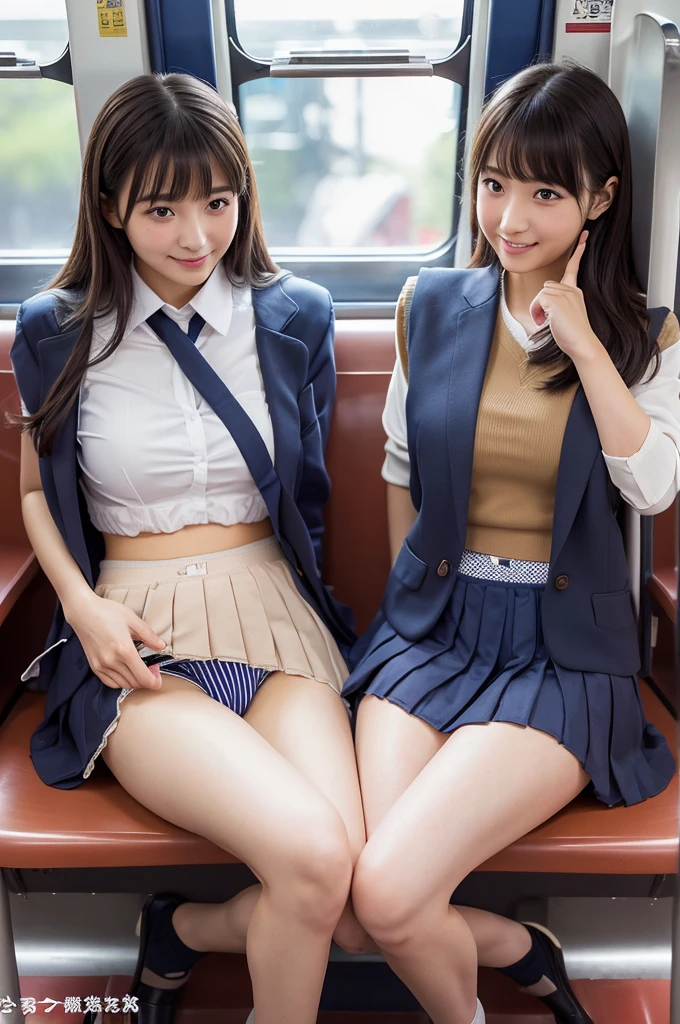 ((Highest quality)),  (detailed), 1 Japan, sexy、ass pov, school girl, in a train, sitting on a seat, (long seat:1.5), Beautiful Skin, Double eyelids, camel toe, navy pleated skirt, spread legs, (exposured panties:1.4), panty pull, blush, (smile:0.8), embarrassed, realistic