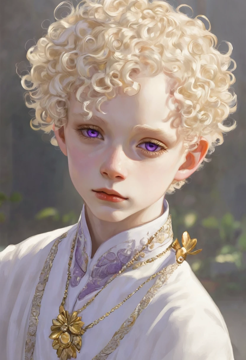 Boy , blonde short curly hair , gray and purple eyes, albinos , pale skin , white clothes, gold accessories
