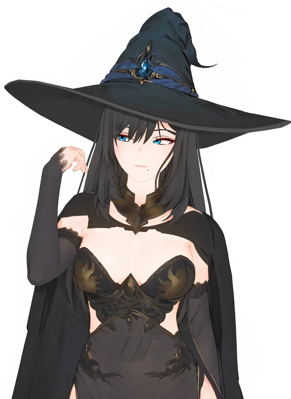 masterpiece, highly detailed, best quality, 1woman, adult, female focus, solo, dark black hair, vibrant blue eyes, long hair, closed mouth, Fantasy aesthetics, fantasy earring, Highly detailed, shadowverse style, sorceress