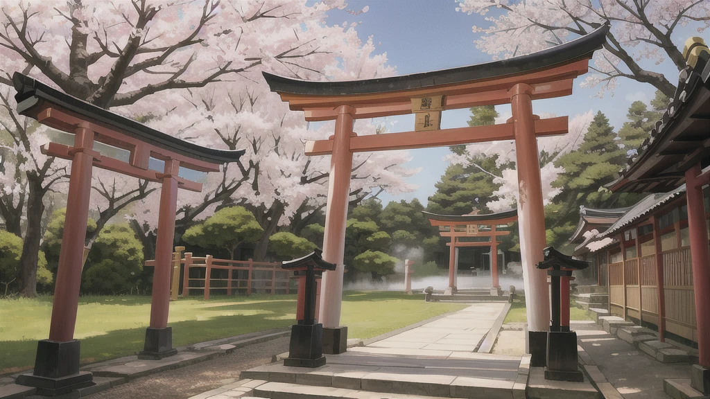 There is an open-air bath behind the shrine. Torii gate, cherry tree, steam, curtain, background only