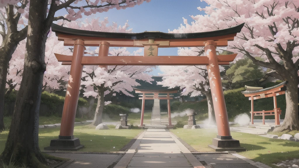 There is an open-air bath behind the shrine. Torii gate, cherry tree, steam, curtain, background only