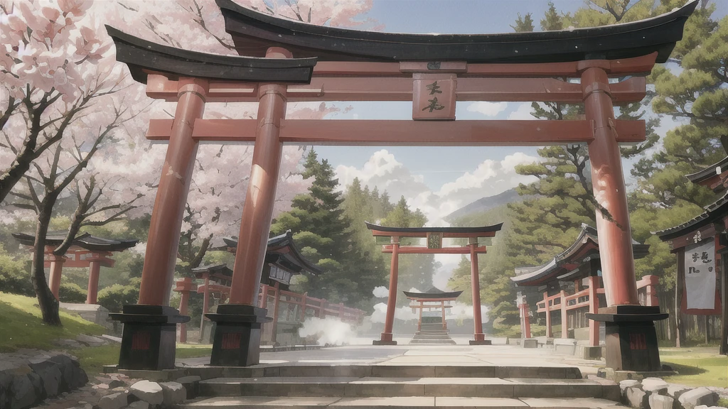 There is an open-air bath behind the shrine. Torii gate, cherry tree, steam, curtain, background only