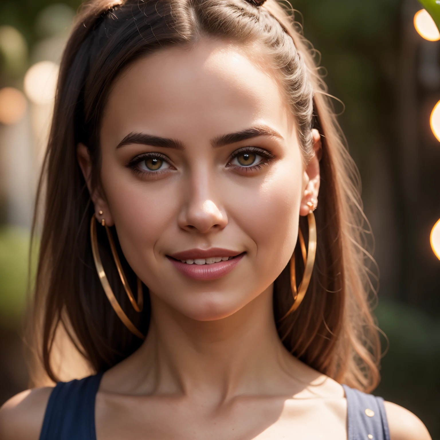 1girl 25 years old, rather large tits with puffy nipples, wearing a tight-fitting light pink blouse, wearing large hoop earrings in both ears, blonde hair, big hair, cone hair bun, wide eyes, sparkling eyes, heterochromia, makeup, seductive smile, mini thongs, Hyperrealism, vignetting, Sony FE GM, f/4.0, bokeh, close-up, close-up, masterpiece, anatomically correct, super detail, best quality, highres