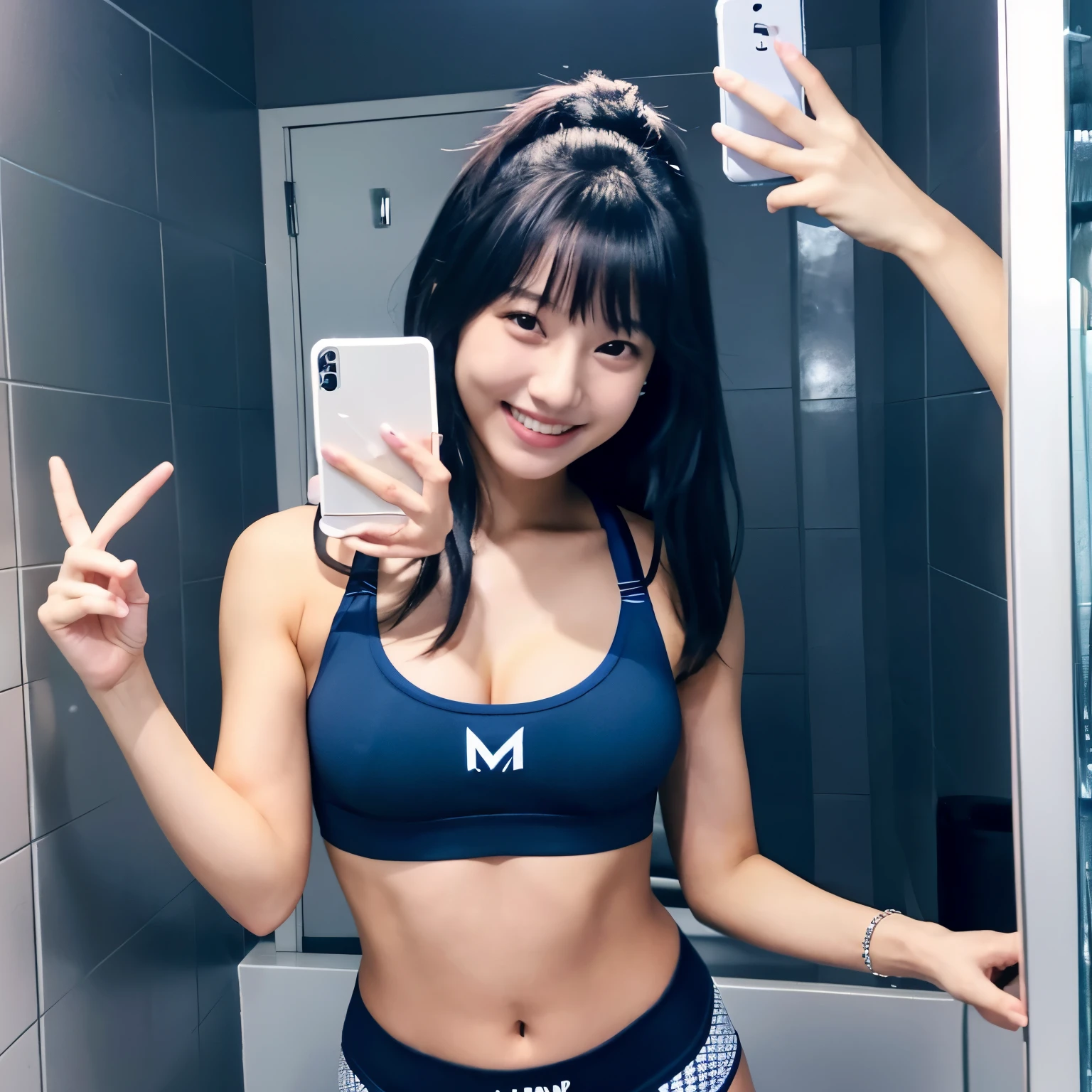 The image shows a young woman in a dark blue sports bra and gray underwear, taking a selfie in a bathroom mirror. She's holding her phone up. Her left hand is raised in a peace sign, and she is smiling. she has black hair with bangs, korean idol, the hime cut, Momo from twice, big breast