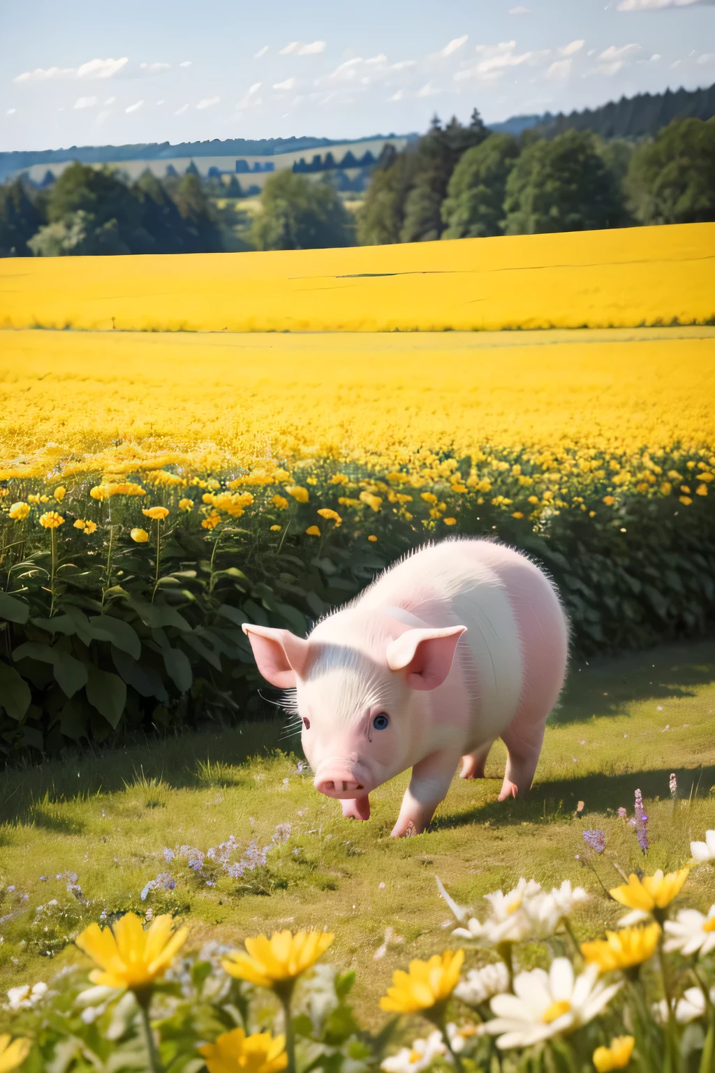 Pip exploring the countryside:
Description: A pig, Pip, playing among colorful flowers in a sunny field.