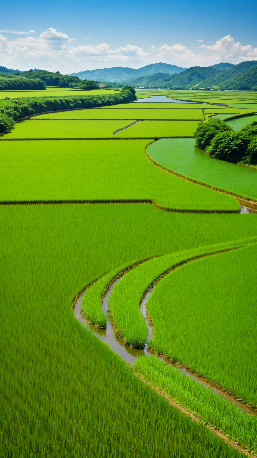 river、countryside、blue sky、Style、Paddy field