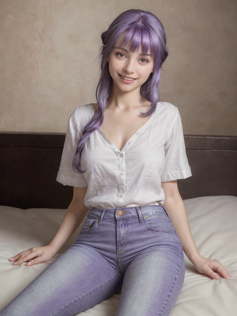 (realistic:1.1), (photorealistic:1.1), (masterpiece:1.1), (best quality:1.1), RAW photo, highres, ultra detailed, High detail RAW color photo, professional photograph, masterpiece, best quality, realistic, real skin, 1girl, low_key, solo, lighting, long black hair, full body, lying on bed, in a well-lit room, beautiful detailed eyes, (detailed face:1.2), extremely beautiful face, beautiful young woman, wearing white short-sleeve blouse and light blue jeans, relaxed atmosphere, comfortable setting, (smiling:1.2), (purple hair:1.2), lora:add_detail:1