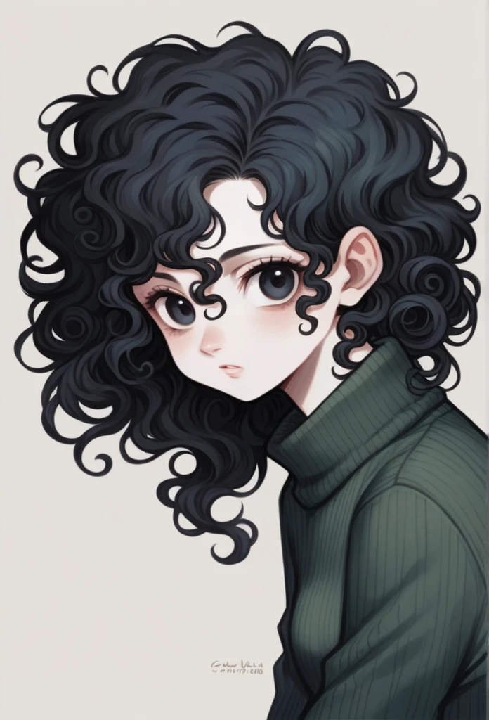 Kizi, chestnut hair, big hair, curly hair, eyes black, deep eyes, dull eyes, black hole-like eyes, body skinny, big boobies, big-ass, she wears a land