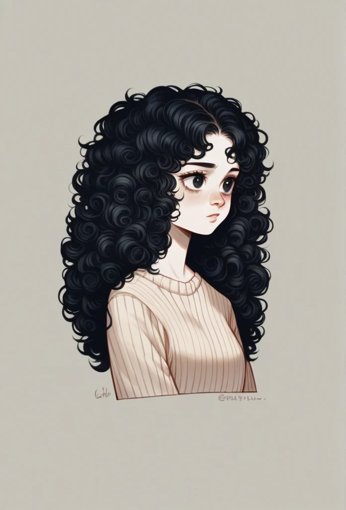 a close up of a doll with a curly hair and a sweater, curly black hair | d & d, short curly black haired girl, curly black, black curly hair, long fluffy curly black hair, long fluffy black curly hair, pale skin curly black hair, curly black hair, very very curly black hair, black curly hair, messy curly hair, curly black hair