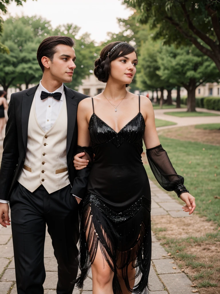 generated a 21 years old young white woman with dark brown hair, french twist hairstyle, medium size chest, she is 5feet 5 height, she wear a 1920 black tassel sequione flapper dress, adorned with sequins-themed event on Governors Island, generated a boyfriend walkign next to her, she walk with her boyfriend around where attendees are dress in period attire and enjoy live jazz music, dancing, chapiteaux in the background