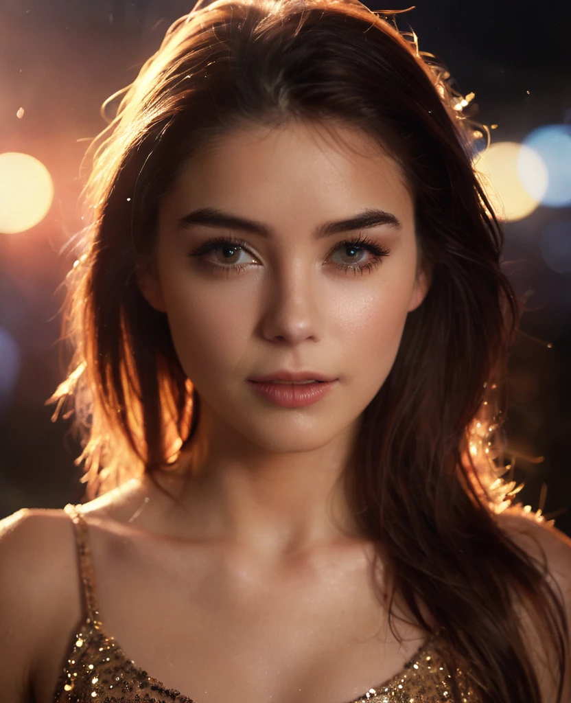 A movie film still of super very close-up portrait of a beautiful 18 year old woman with a mesmerizing and intense gaze, her face illuminated by warm, glowing light. She has glittering gold dust on her face, gold reflection in her eyes, and her lips are a deep, glossy red with shiny sparkles. The background is dark, with sparks and embers floating around her, creating a mystical and fiery atmosphere. Her expression is one of awe and wonder, with eyes reflecting the glowing light. Her hair is slightly messy, adding to the dramatic and ethereal feel of the scene. soaked film, 4k , 8k ,UHD, slightly sweaty skin, arms up, sleeveless, armpit, collarbone, photorealistic,