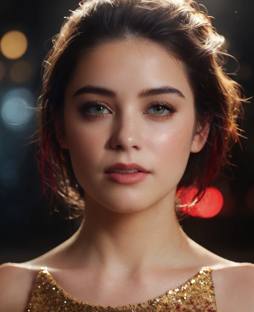 A movie film still of super very close-up portrait of a beautiful 18 year old woman with a mesmerizing and intense gaze, her face illuminated by warm, glowing light. She has glittering gold dust on her face, gold reflection in her eyes, and her lips are a deep, glossy red with shiny sparkles. The background is dark, with sparks and embers floating around her, creating a mystical and fiery atmosphere. Her expression is one of awe and wonder, with eyes reflecting the glowing light. Her hair is slightly messy, adding to the dramatic and ethereal feel of the scene. soaked film, 4k , 8k ,UHD, slightly sweaty skin, arms up, sleeveless, armpit, collarbone, photorealistic,