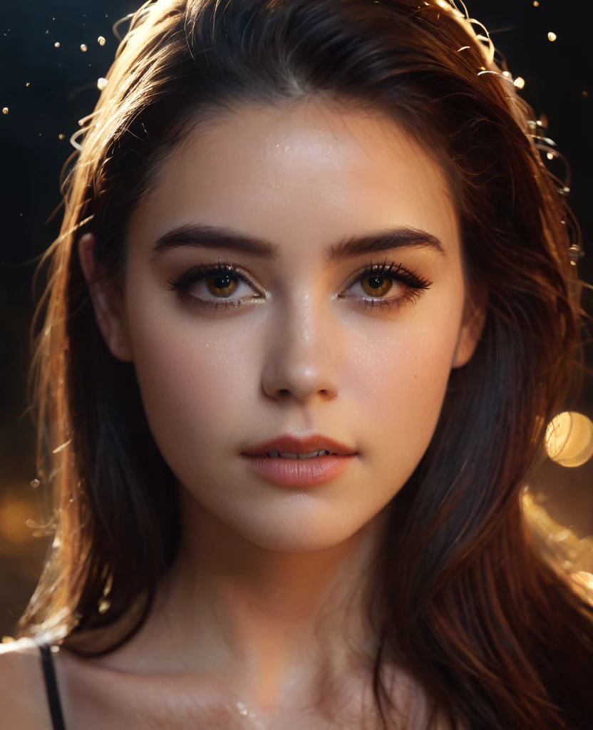 A movie film still of super very close-up portrait of a beautiful 18 year old woman with a mesmerizing and intense gaze, her face illuminated by warm, glowing light. She has glittering gold dust on her face, gold reflection in her eyes, and her lips are a deep, glossy red with shiny sparkles. The background is dark, with sparks and embers floating around her, creating a mystical and fiery atmosphere. Her expression is one of awe and wonder, with eyes reflecting the glowing light. Her hair is slightly messy, adding to the dramatic and ethereal feel of the scene. soaked film, 4k , 8k ,UHD, slightly sweaty skin, arms up, sleeveless, armpit, collarbone, photorealistic,