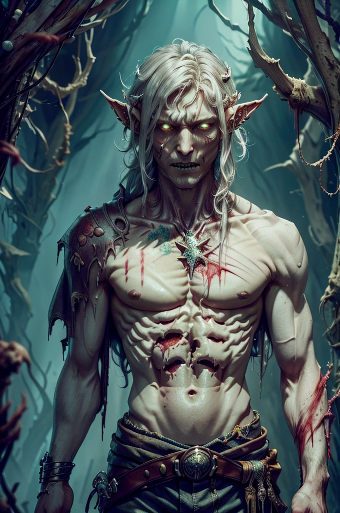 masterpiece, noise suppression, void noise, one male elf, Best quality, permission 8k, male focus, sharp image, just concentrate, stunning composition, volumetric lighting, super quality, Very detailed, fantasy, adult male elf zombie with very long white curly disheveled hair, Cold, dead man with pale grayish skin, thin, skinny, fit, with white stubble, expressive yellow eyes with a vertical pupil, cadaveric spots, crazy, in a torn shirt and pants, in blood, sharp claws, shows sharp teeth and smiles, fantasy средневековье, Gloomy Dungeon