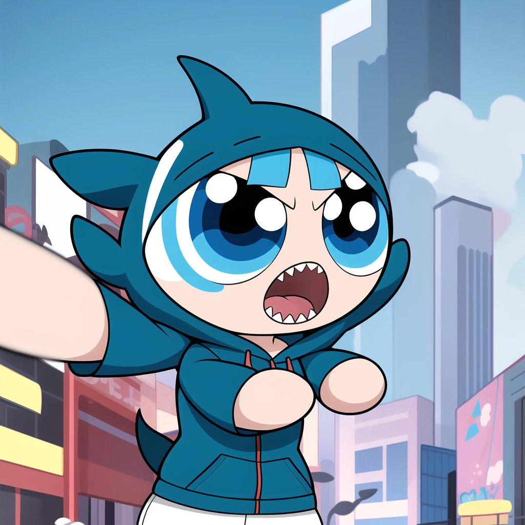 chibi, 1ิboy, multicolored hair , blue eyes, blue hair, shark boy, shark tail, blue hoodie, sharp teeth, animal hood, hood up, (Boy Messy Japanese Round Haircut for Thick Hair), Solo