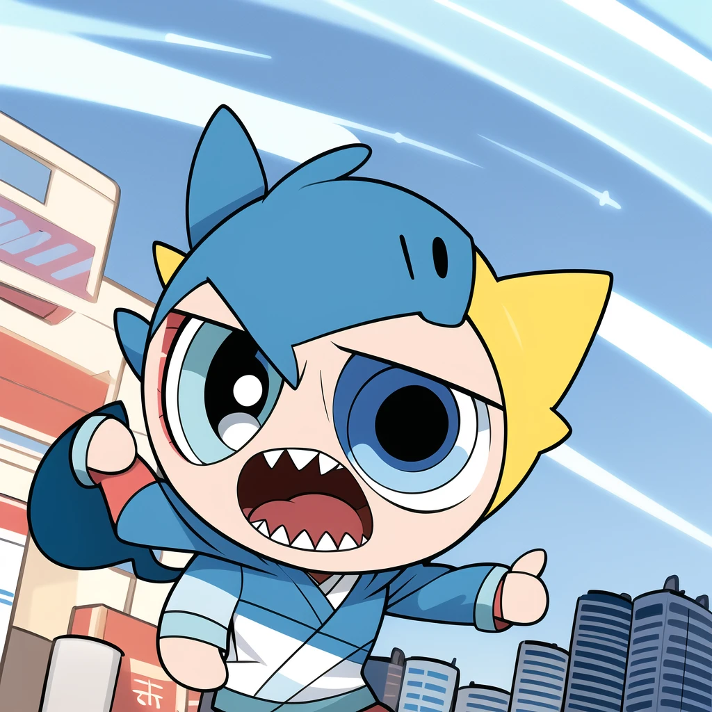 chibi, 1ิboy, multicolored hair , blue eyes, blue hair, shark boy, shark tail, blue hoodie, sharp teeth, animal hood, hood up, (Boy Messy Japanese Round Haircut for Thick Hair), Solo