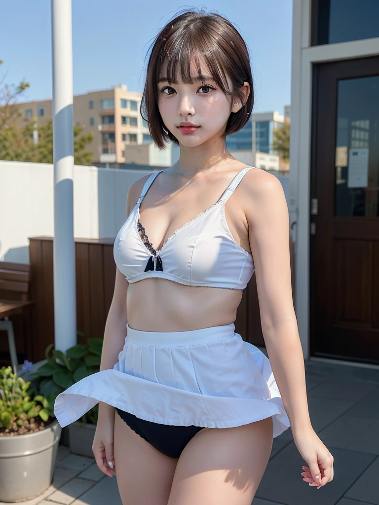 ((Best of the highest quality, 8k, Masterpiece, raw photo: 1.2)), (Sharp focus: 1.2), (1 AESPA, slim body type female, 21 y/o: 1.1), (Solo: 1.1), (realistic, photo-realistic:1.37), face focus, cute face, finely eyes, (droopy eyes: 1.32), (Emphasize prominent aegyo-sal with bright: 1.2), shimmering eyeshadow applied under the lower lash line, paired with thick, (small breasts, flat chest, Thigh: 1.3), (short messy hair, bangs: 1.28), (neat bra, business skirt: 1.32), walking terrace dining, flower, (from below, windy upskirt: 1.12)