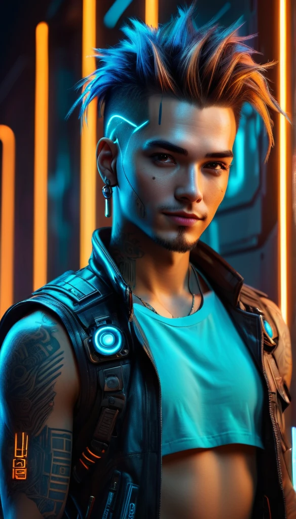 whole shot:1.4, full body: 1.4, ((a confident sensual and beautiful young man, ultra detailed)), ((sensual smile, with a tattoo on his arm and cheek, beautiful and masculine hairstyle, young and beautiful cyberpunk, beautiful cyberpunk boy face light brown eyes:1.4)), dreamy, ((beautiful and detailed hair, soft and luminous:1.3)), dark night environment, night colors, violet, blue, black, gray, ultra-realistic 8k, cyberpunk 20 years. a model , the portrait, highly detailed 32k digital art, beautiful digital artwork, Cyborg Cyberpunk. ((orange, cyan, brown colors: 1.2)), 8k realistic digital art, soft neon lighting on the face and body, whole shot: 1.4, (( Highly detailed: 1.4), (( masterpiece )), (Hyper detailed and beautiful: 1.3), (Photorealistic: 1.4)