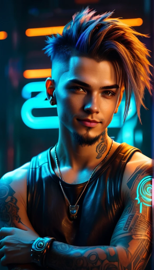 whole shot:1.4, full body: 1.4, ((a confident sensual and beautiful young man, ultra detailed)), ((sensual smile, with a tattoo on his arm and cheek, beautiful and masculine hairstyle, young and beautiful cyberpunk, beautiful cyberpunk boy face light brown eyes:1.4)), dreamy, ((beautiful and detailed hair, soft and luminous:1.3)), dark night environment, night colors, violet, blue, black, gray, ultra-realistic 8k, cyberpunk 20 years. a model , the portrait, highly detailed 32k digital art, beautiful digital artwork, Cyborg Cyberpunk. ((orange, cyan, brown colors: 1.2)), 8k realistic digital art, soft neon lighting on the face and body, whole shot: 1.4, (( Highly detailed: 1.4), (( masterpiece )), (Hyper detailed and beautiful: 1.3), (Photorealistic: 1.4)