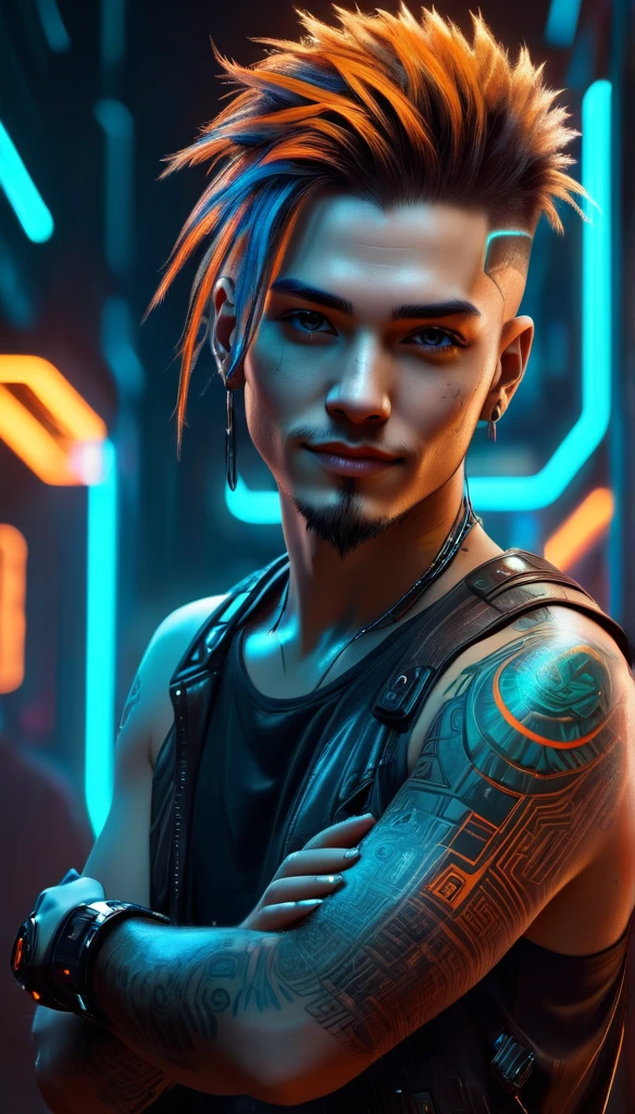whole shot:1.4, full body: 1.4, ((a confident sensual and beautiful young man, ultra detailed)), ((sensual smile, with a tattoo on his arm and cheek, beautiful and masculine hairstyle, young and beautiful cyberpunk, beautiful cyberpunk boy face light brown eyes:1.4)), dreamy, ((beautiful and detailed hair, soft and luminous:1.3)), dark night environment, night colors, violet, blue, black, gray, ultra-realistic 8k, cyberpunk 20 years. a model , the portrait, highly detailed 32k digital art, beautiful digital artwork, Cyborg Cyberpunk. ((orange, cyan, brown colors: 1.2)), 8k realistic digital art, soft neon lighting on the face and body, whole shot: 1.4, (( Highly detailed: 1.4), (( masterpiece )), (Hyper detailed and beautiful: 1.3), (Photorealistic: 1.4)