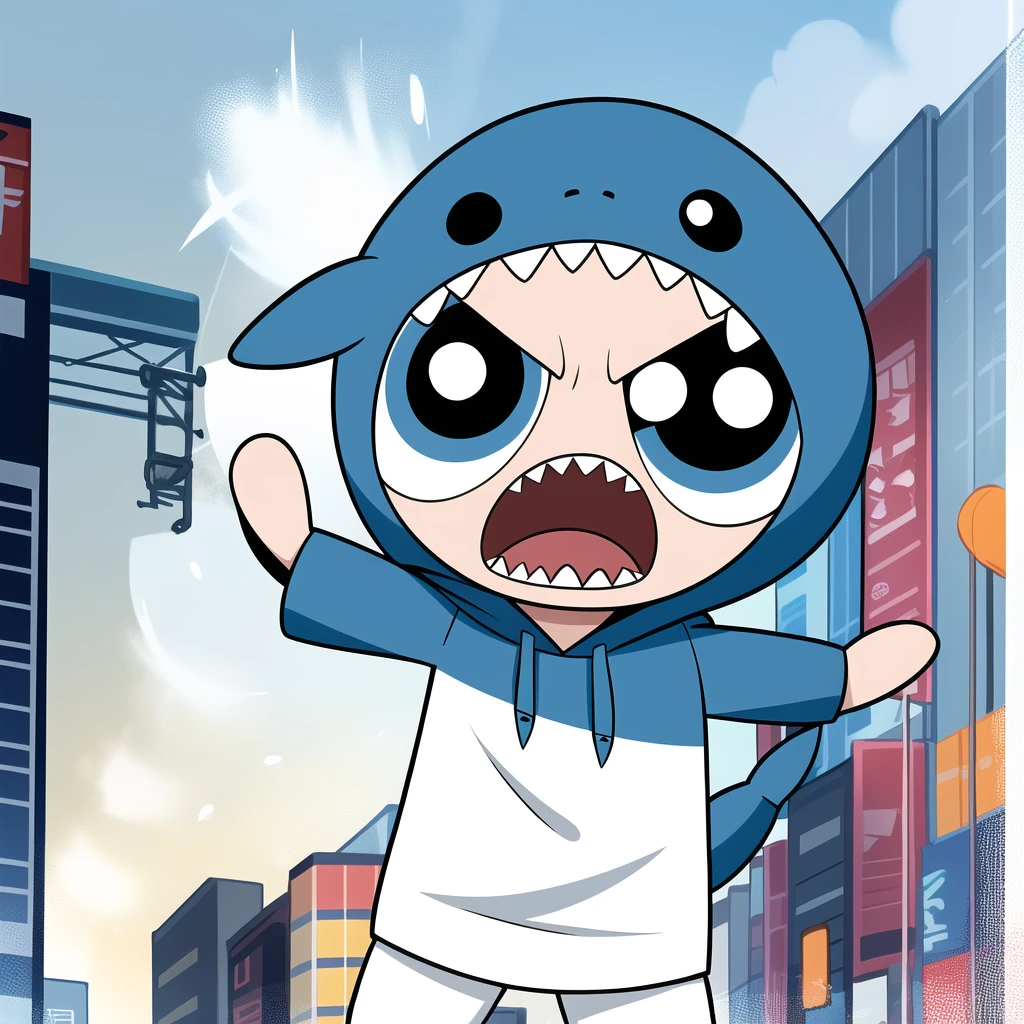 chibi, 1boy, multicolored hair , blue eyes, blue hair, shark boy, shark tail, blue hoodie, sharp teeth, animal hood, hood up, (Boy Messy Japanese Round Haircut for Thick Hair), Solo