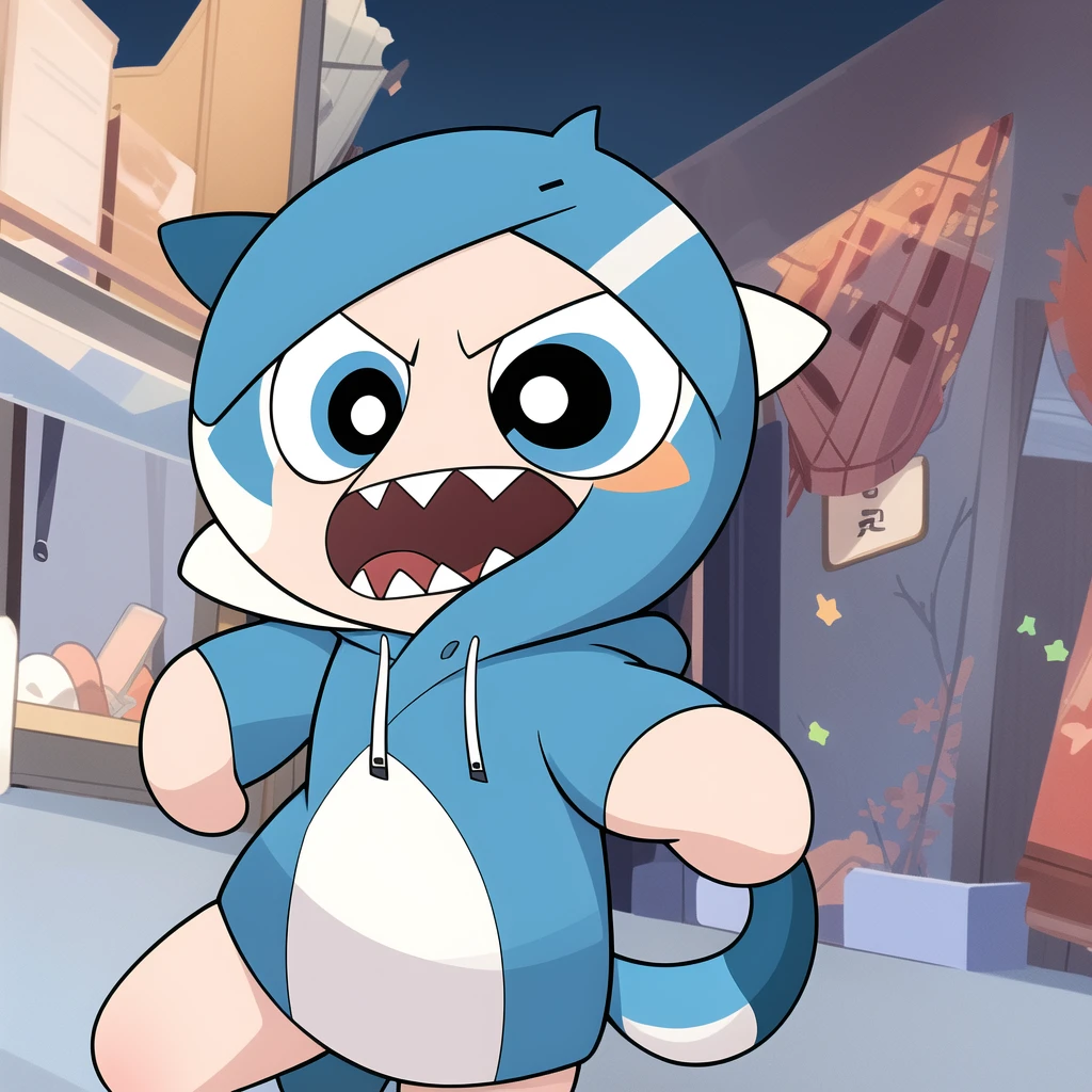 chibi, 1boy, multicolored hair , blue eyes, blue hair, shark boy, shark tail, blue hoodie, sharp teeth, animal hood, hood up, (Boy Messy Japanese Round Haircut for Thick Hair), Solo