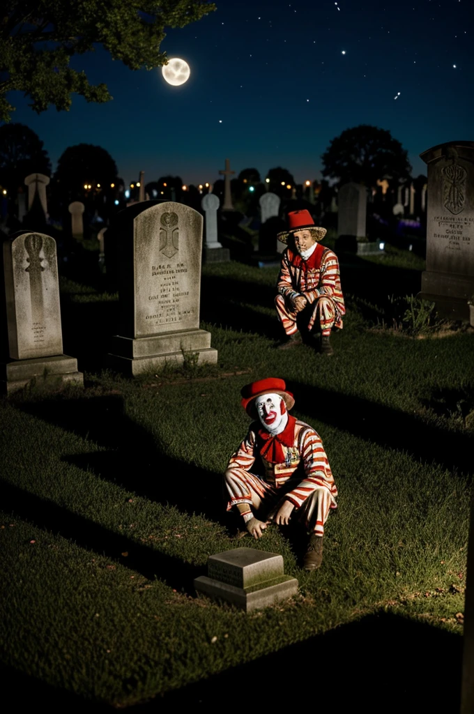 GHOSTLY photo of dozens of sad old clowns in a scary cemetery, misty night, smoke, fire of destruction, naturallight