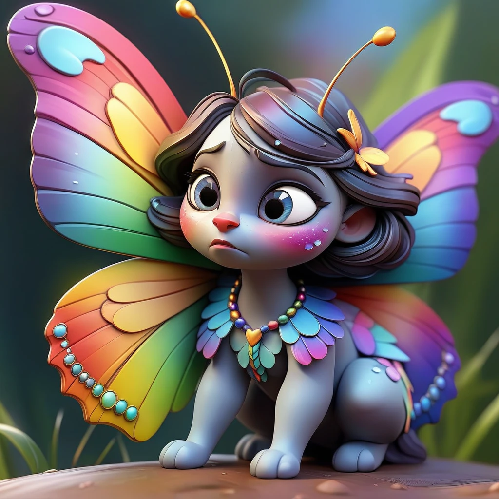 A beautiful butterfly of rainbow colors, sad and crying, cartoon, delicate intricate wings, detailed patterns, tears streaming down, sorrowful expression, cute and emotive, vibrant colors, soft lighting, whimsical, digital painting, fantasy, 4k, high resolution, photorealistic