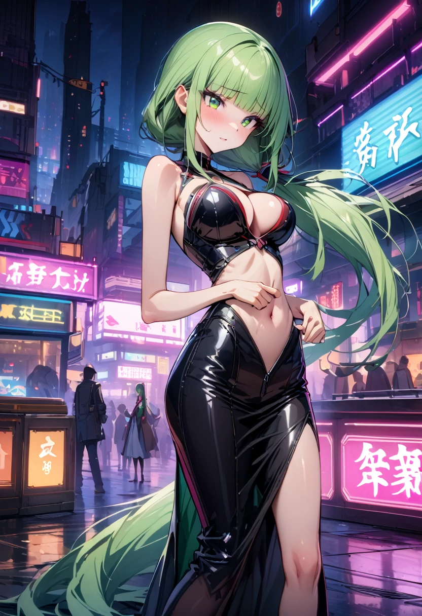 ((masterpiece,Highest quality:1.3)),1woman,30 year old beauty,独奏,((very small head:1.3)),green hair,(low ponytail),long hair,blunt bangs,green eyes,gorgeous eyes,shy,medium breasts,((very long body:1.2)),((toned body,slender body,skinny)),gleaming skin,shiny skin,(leather coat、navel、Tight Skirt)、barefoot、standing,Metropolis、neon、cyber punk、World of Blade Runner、