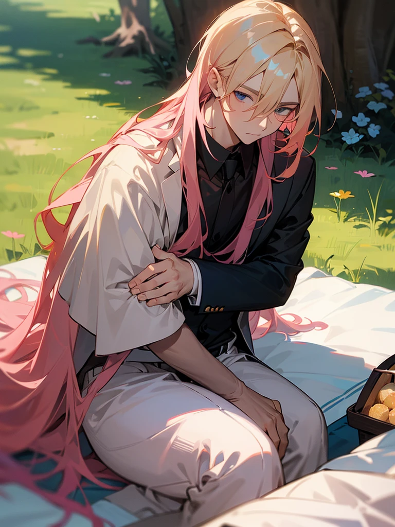 A man with blond hair with a formal cut, sitting on top of a picnic blanket, together with his girlfriend next door with long pink hair.