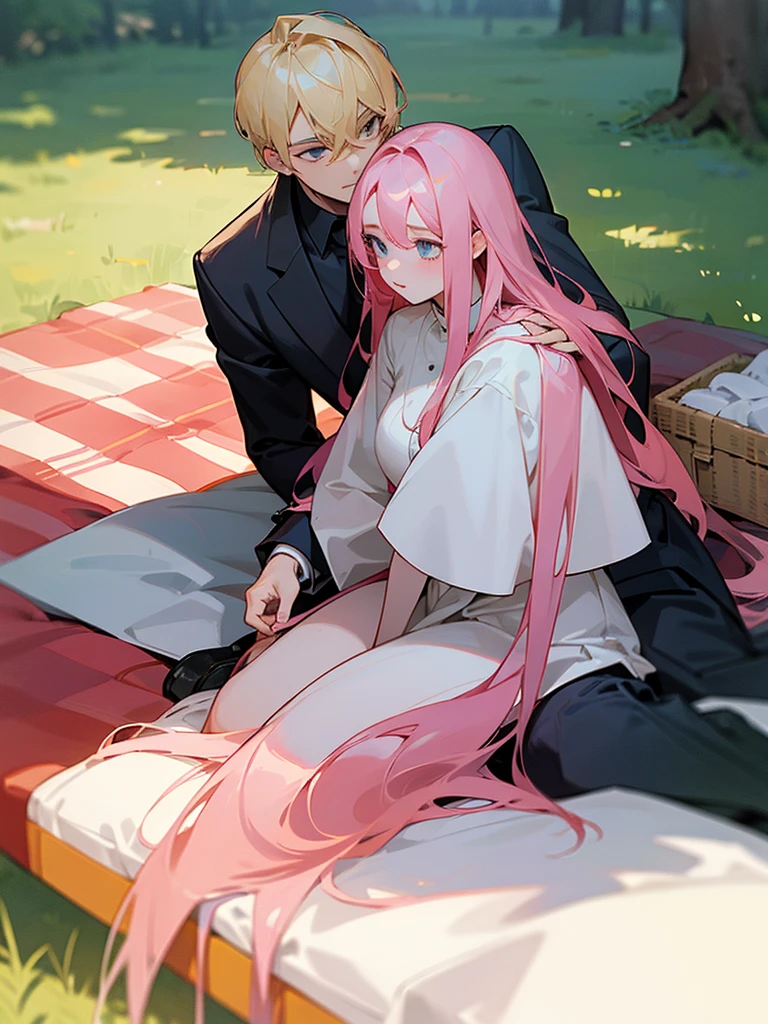 A man with blond hair with a formal cut, sitting on top of a picnic blanket, together with his girlfriend next door with long pink hair.