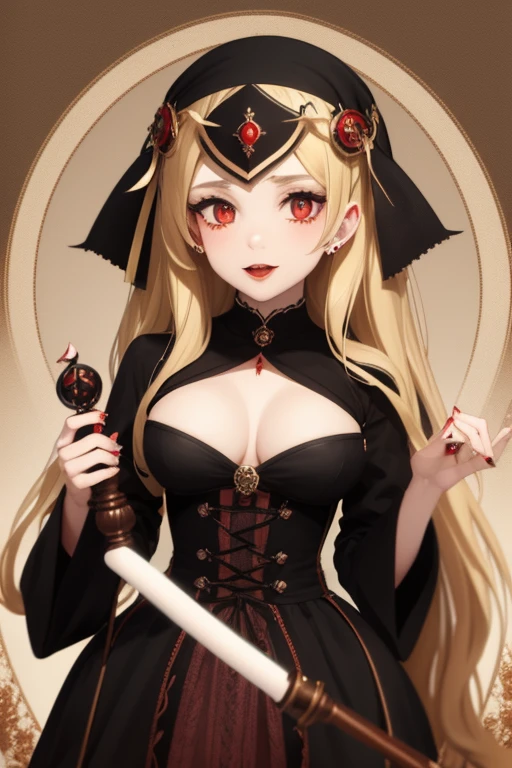 Emma Roberts 20s Vampire long curly blonde hair pointed ears red eyes Gothic priestess clothing black vintage decorations Steampunk holding a staff with a sphere of blood