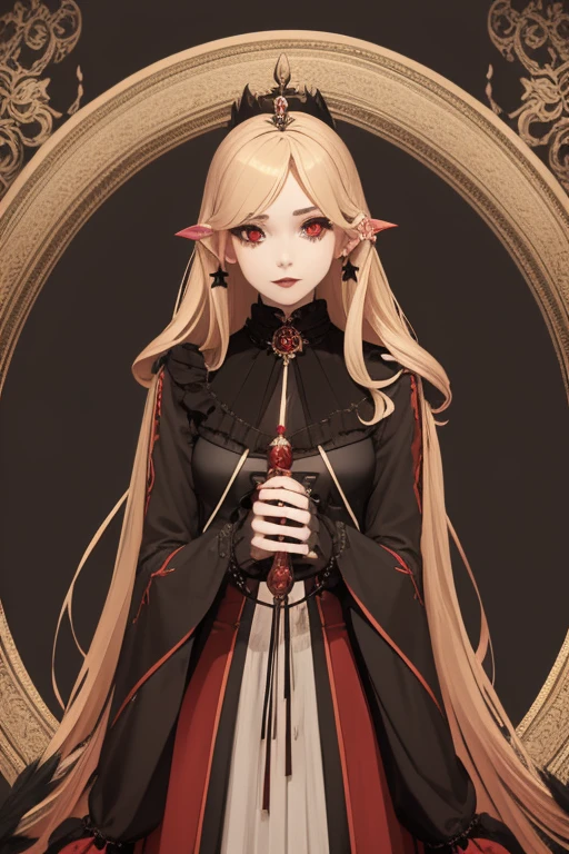 Emma Roberts 20s Vampire long curly blonde hair pointed ears red eyes Gothic priestess clothing black vintage decorations Steampunk holding a staff with a sphere of blood