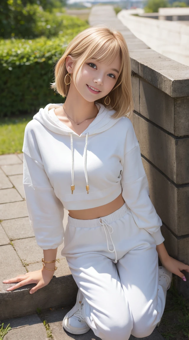 flying debris、Highest quality、An illustration、Highest quality、got it、High resolution、8k wallpaper、Perfect dynamic composition、(((Ezvian Everywhere)))、((From below))、Beautiful and cute 20 year old girl、Beautiful face in every detail、Delicate and cute eyes、Fine skin、Red cheeks.、shy、(Semi-short hair:1.3)、(wavy blonde hair)、Small breasts、Bold sexy pose、smile、Small breasts、Between the legs、Small Ass、Thin butt、Generated on the eaves.、Narrow shoulders、wavy blonde hair、blonde、Heart-shaped earrings、smile、、Gold bracelet、Tie your hair back、White hoodie、Deeply hooded、Loose fitting white harem pants、Baggy pants、Combat Boots、Army Boots、Standing posture showing the whole body、at the park