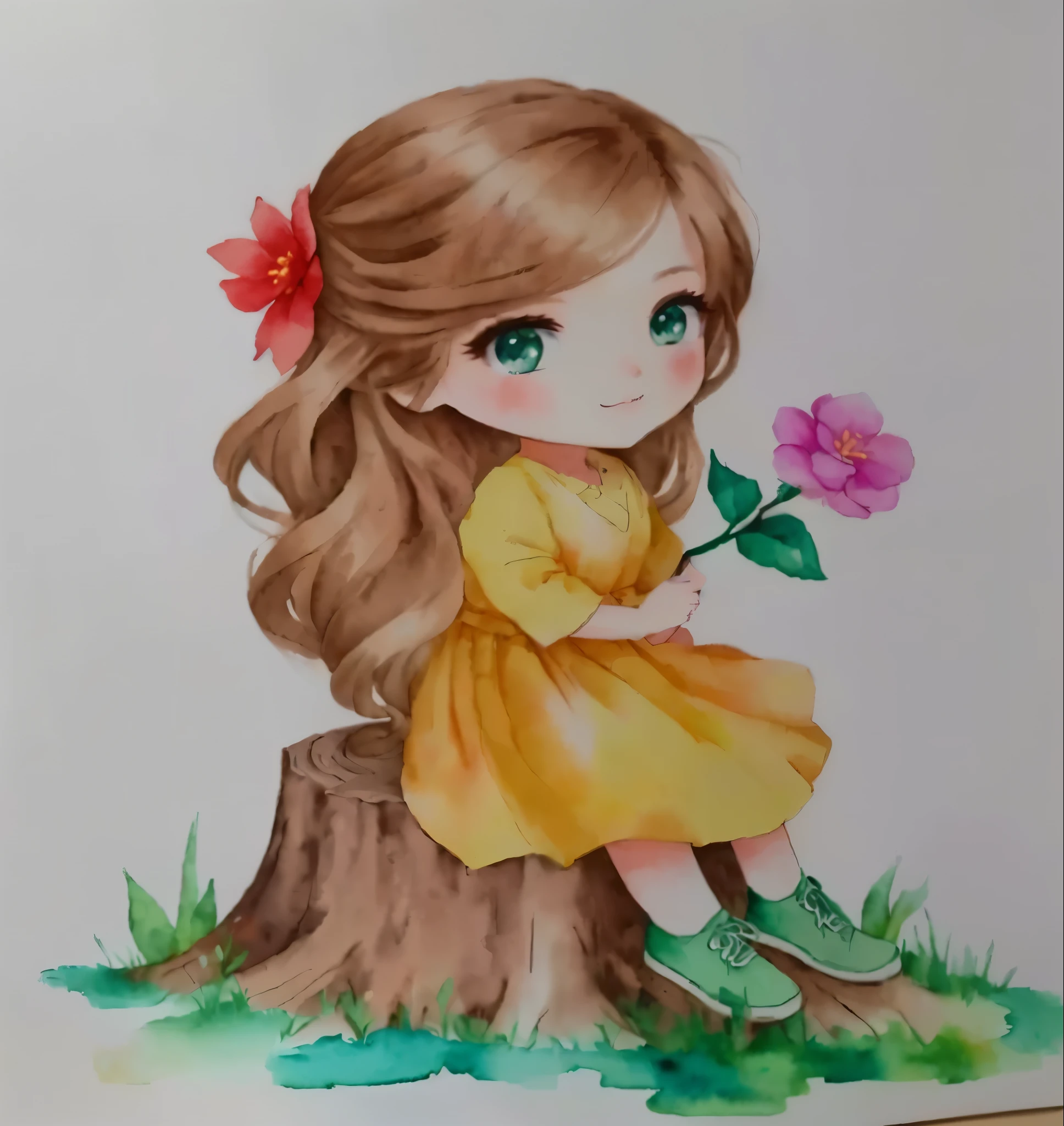 painting of one with a flower sitting on a tree stump, cute art style, realistic painting of beautiful girl, cute drawing, watercolor colored painting, chibi girl, cute portrait, portrait of a beautiful girl, Watercolor painting, beautiful drawing style, watercolor drawing, chibi art, traditional art, cute digital art, cute cartoon character, water color on paper, beautiful painting