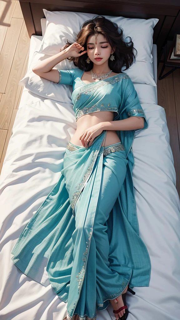 1girl,beautiful girl,sleeping in the bed,wearing beautiful saree,full body image,realistic,8k resolution