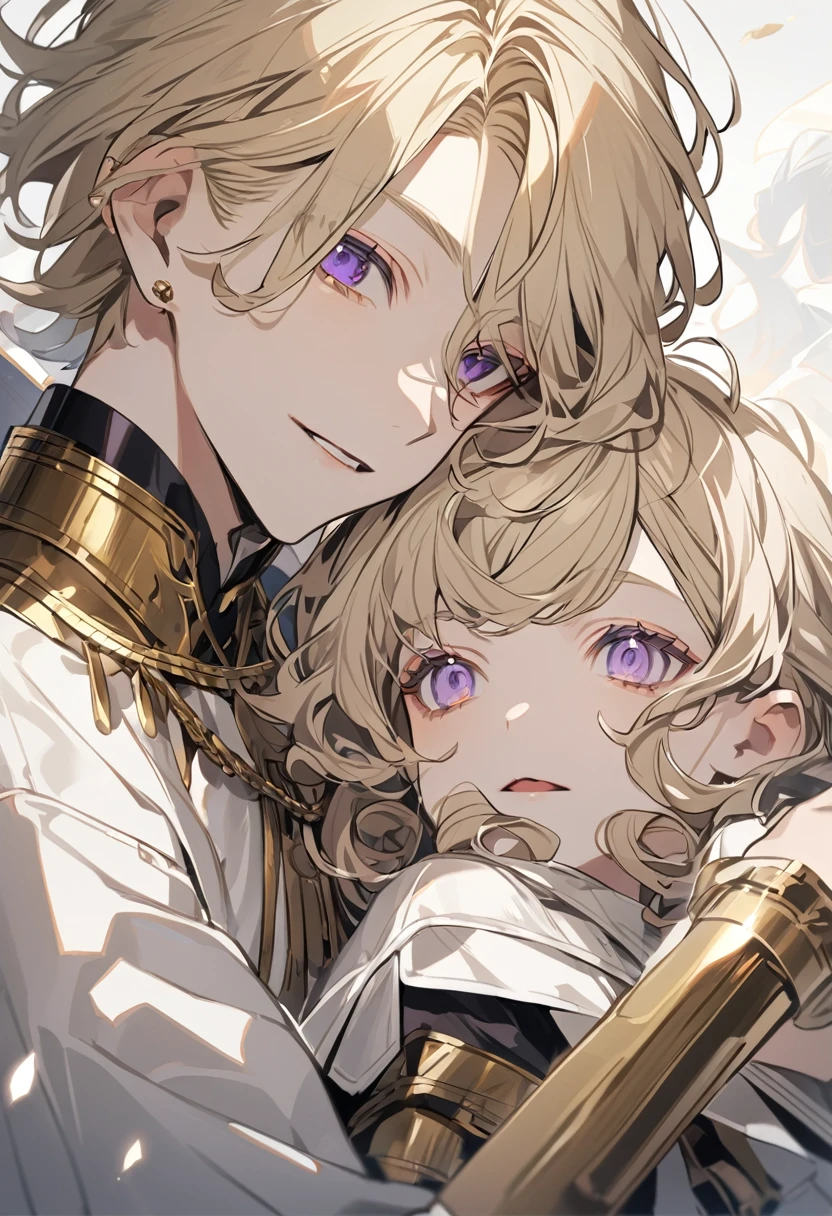 Boy , blonde short curly hair , gray and purple eyes, albinos , pale skin , white clothes, gold accessories