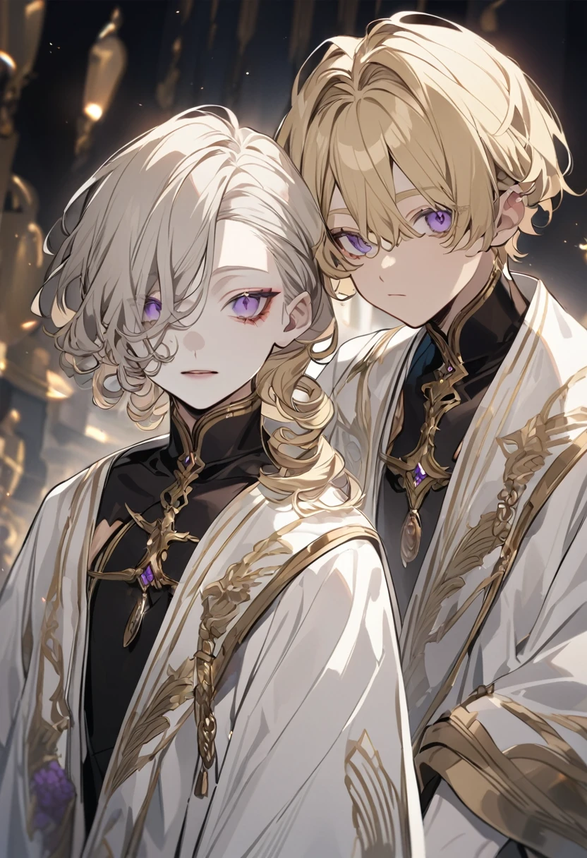 Boy , blonde short curly hair , gray and purple eyes, albinos , pale skin , white clothes, gold accessories