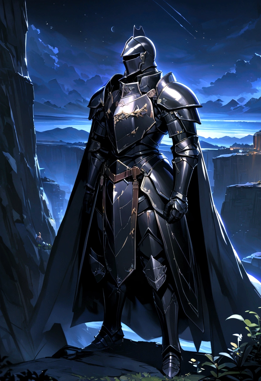 (masterpiece; best quality: 1.2), ((full armored knight man)), ((solo)), (black eyes: 1.4), (body; toned, lean, masculine: 1.3), (beautiful and clear background: 1.2), ((depth of field)), (equipment: full plate all-dark black-damascus realistic armor + closed helmet with ponytail + black cape: 1.3), (anime illustration: 1.2), (background composition; garden exterior + furniture: 1.1), (extremely fine and handsome: 1.1), (shot composition; standing + centered on torso + close-up: 1.5)