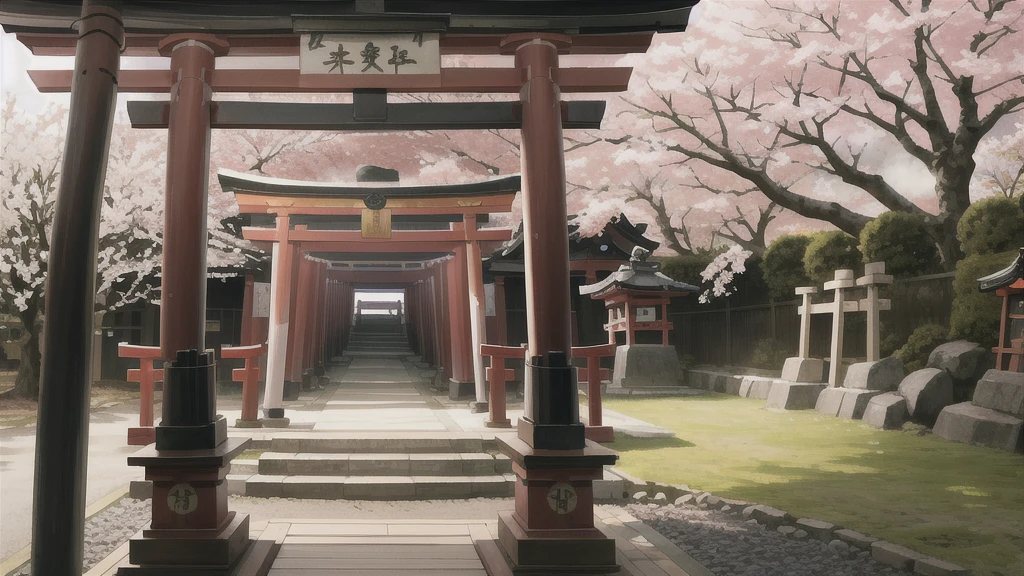There is an open-air bath behind the shrine. Torii gate, cherry tree, lots of steam,  noren curtain, background only