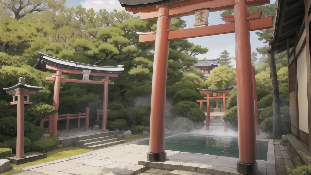 There is an open-air bath behind the shrine. Torii gate, cherry tree, lots of steam, noren curtain, background only