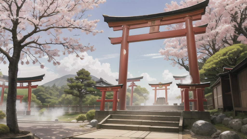 There is an open-air bath behind the shrine. Torii gate, cherry tree, lots of steam,  noren curtain, background only