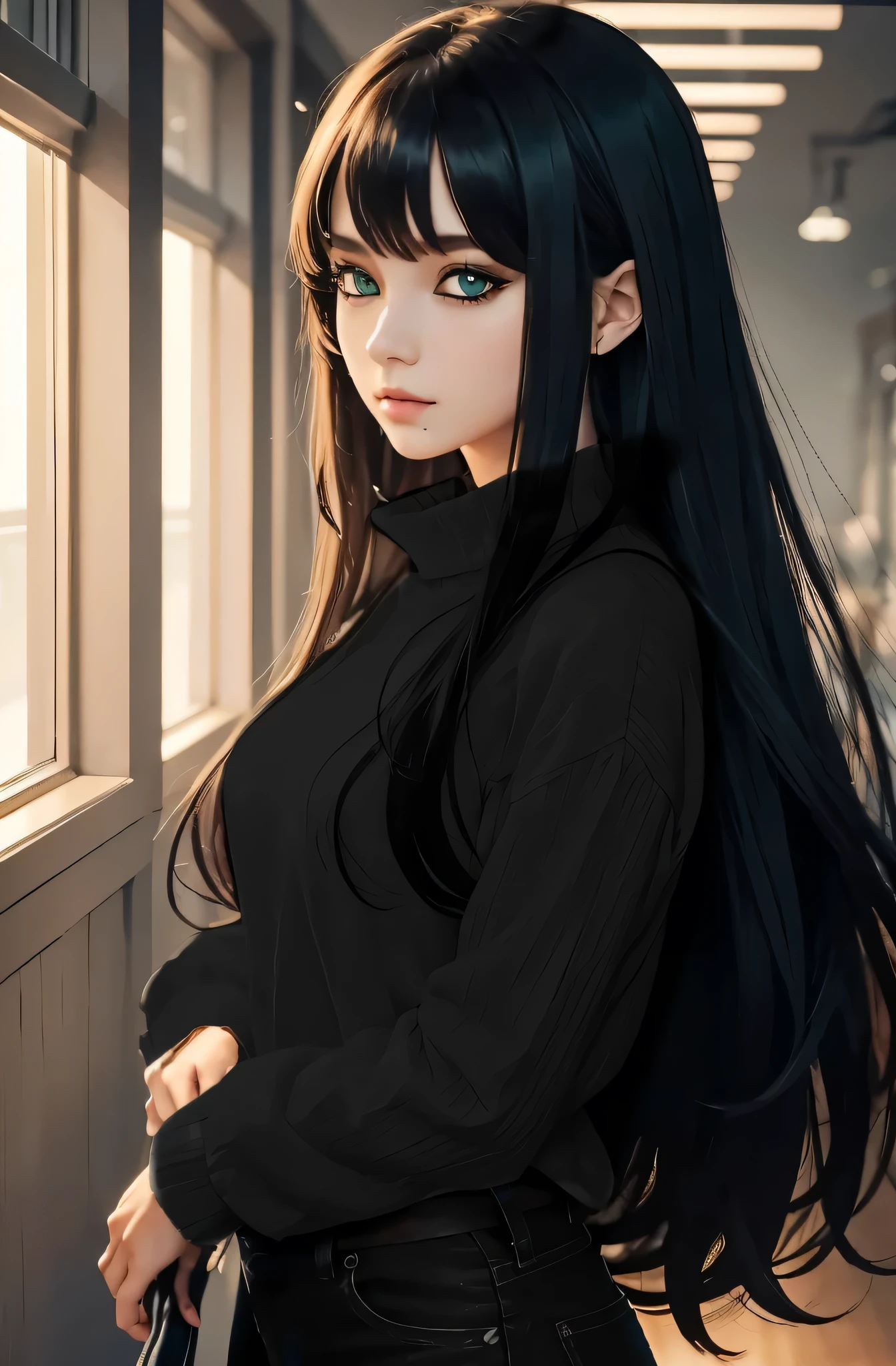 work of art、maximum quality、high resolution、high-quality images、8K,Very green beautiful eyes, black eyeliner around the eyes, clothes with good texture, good quality clothes