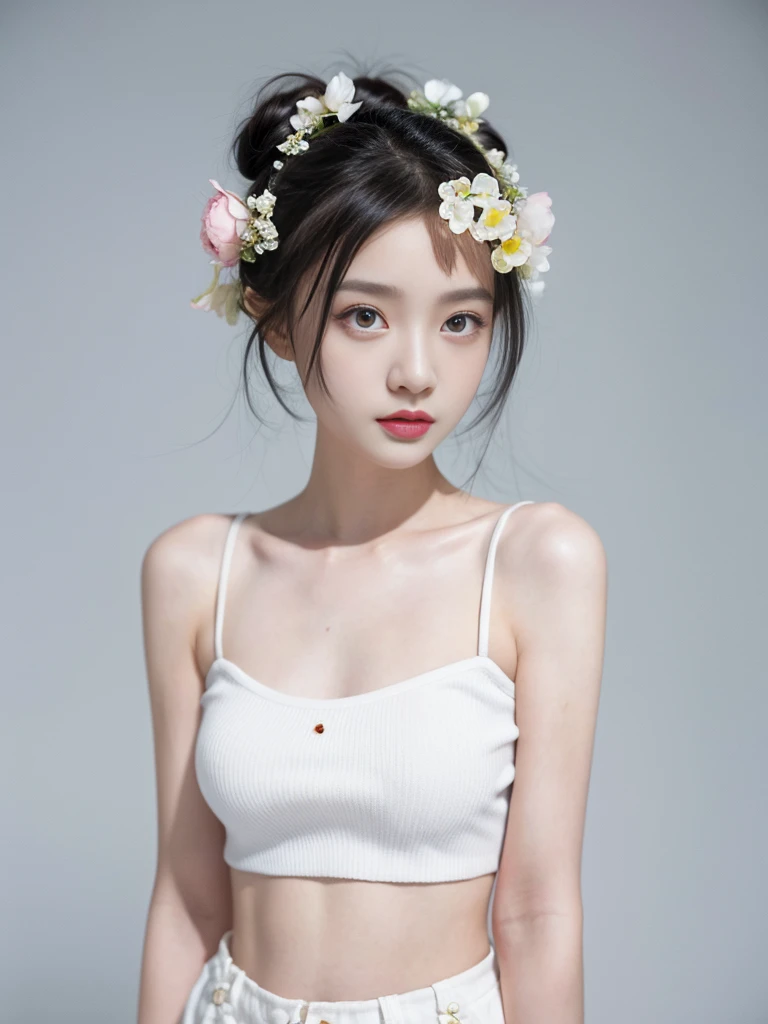 masterpiece,Best picture quality,Extreme details,Ultra-high resolution,Ultra-high definition,Beautiful young people,Glowing skin,thin,Black Hair,Half bun,1,big eyes,beautiful eyes,Lipstick,Exquisite facial features,Medium shot, Tube Top Suspenders,Single tone background,White background,Soft light,Wear flowers on your head