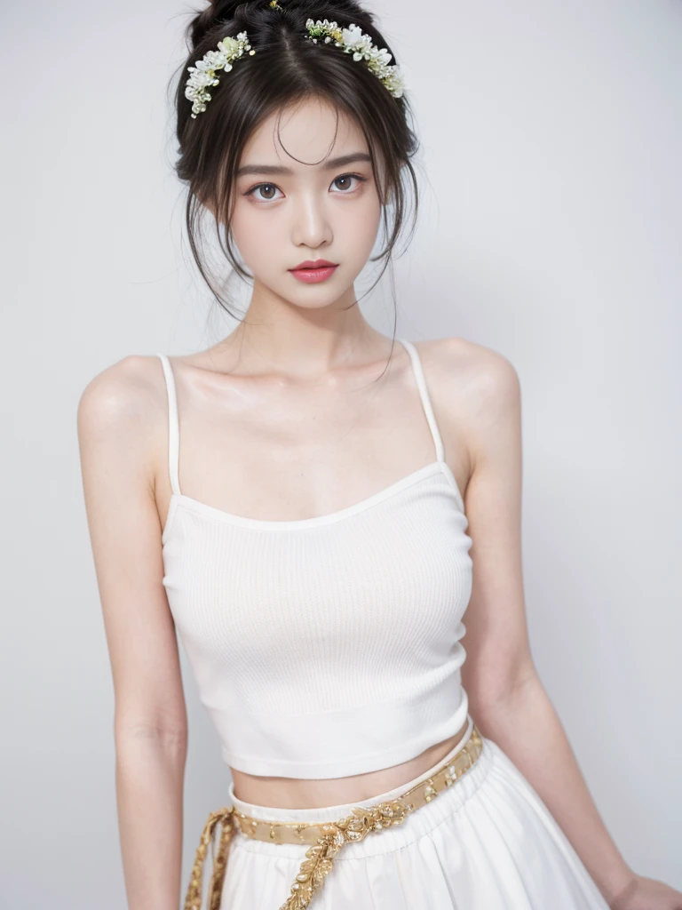 masterpiece,Best picture quality,Extreme details,Ultra-high resolution,Ultra-high definition,Beautiful young people,Glowing skin,thin,Black Hair,Half bun,1,big eyes,beautiful eyes,Lipstick,Exquisite facial features,Medium shot, Tube Top Suspenders,Single tone background,White background,Soft light,Wear flowers on your head