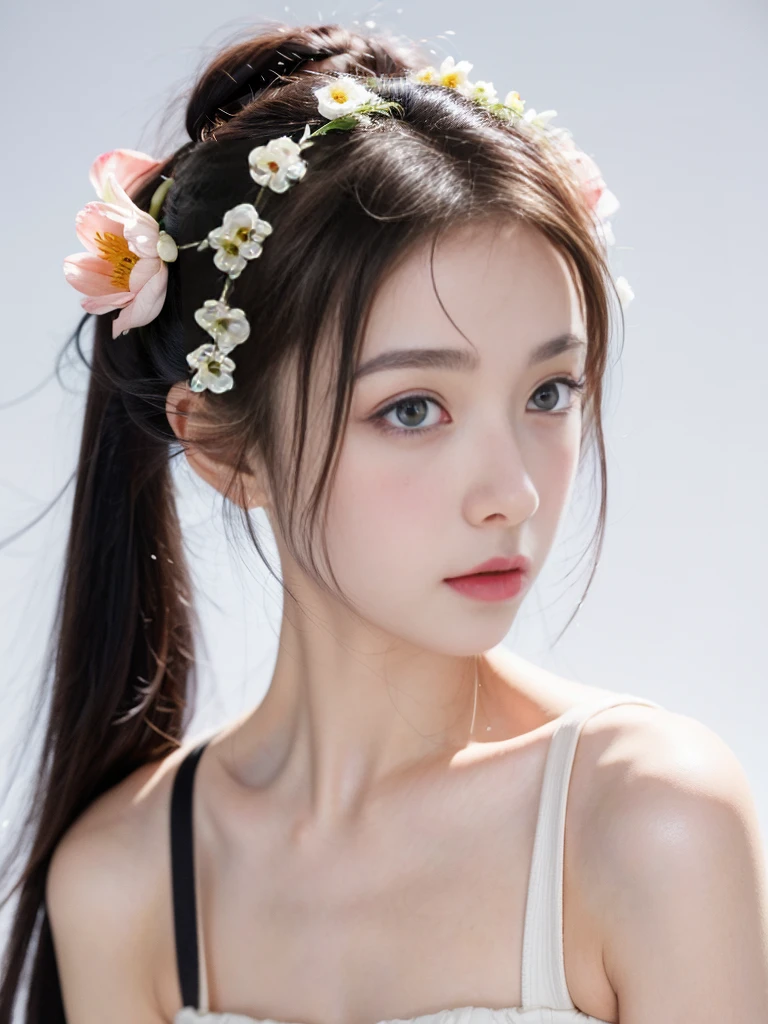 masterpiece,Best picture quality,Extreme details,Ultra-high resolution,Ultra-high definition,Beautiful young people,Glowing skin,thin,Black Hair,Half bun,1,big eyes,beautiful eyes,Lipstick,Exquisite facial features,Medium shot, Tube Top Suspenders,Single tone background,White background,Soft light,Wear flowers on your head