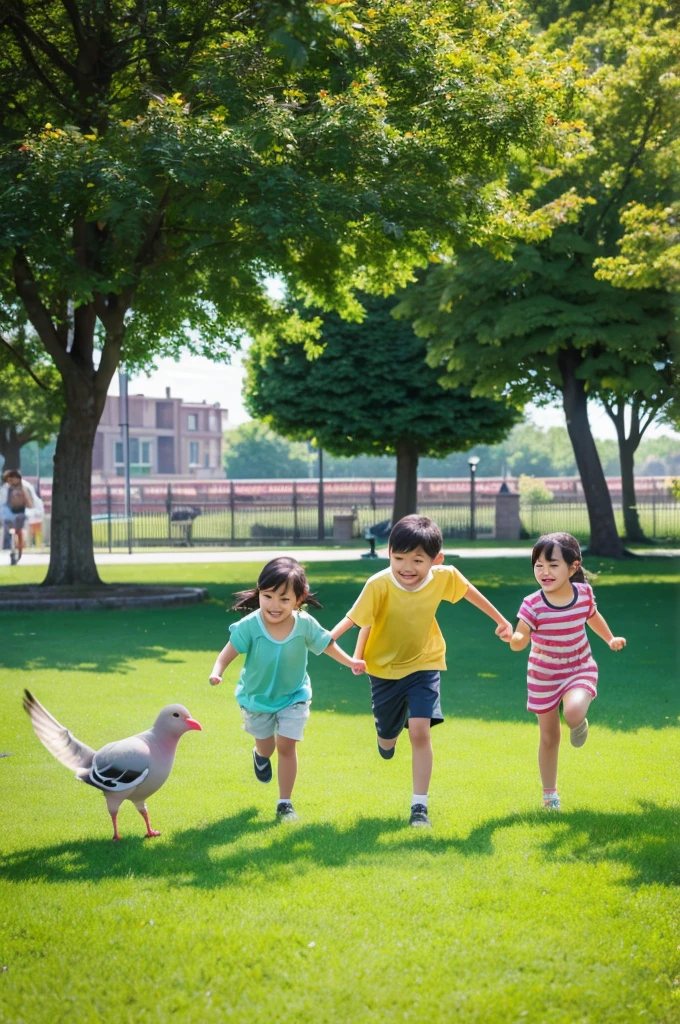 Children playing in a park, chasing pigeons and running through green grass. High resolution, 9:16 aspect ratio, bright and cheerful atmosphere.