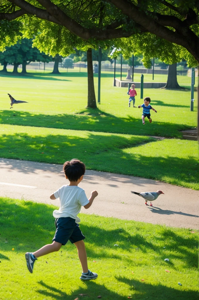 Children playing in a park, chasing pigeons and running through green grass. High resolution, 9:16 aspect ratio, bright and cheerful atmosphere.