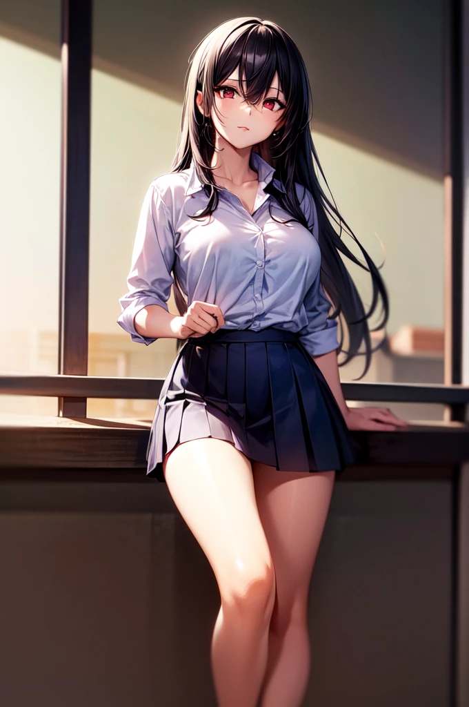 8K, underdetailed, masterpiece, high quality, highres, best quality, highres, 1girl, disheveled hair, illustration, focus on face, simple background, long hair, socks, black hair, hair between eyes, calm, long bangs, long tied hair, ribbons in hair, crimson red eyes, large breasts, very long hair, breasts, perfect face, perfect legs, pleated skirt, full lips, add_detail:-3