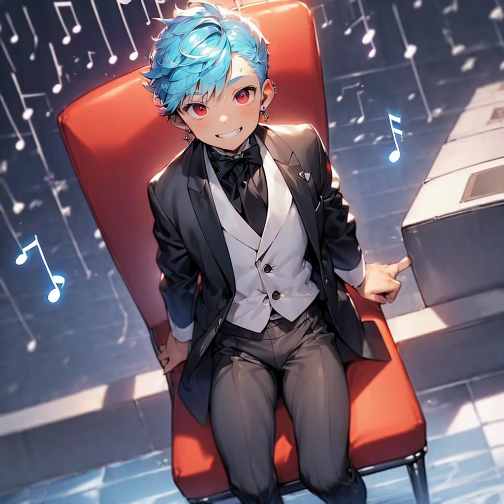 (solo:2.5), (boldline:-1.7), (put index finger on mouth:1.5), (floating musical notes:1.7), (sitting on red chair:1.5), (((fang))), (((best finger))), BREAK (best quality:1.5), (absolutely resolution:1.5), (ultra detailed:1.5), (masterpiece:1.5), (perfect face), (detailed face), (detailed eyes:1.3), (best eyes), (cute face), (shota:2), BREAK (tuxedo:1.5), (bulge:1.6), (skinny:1.3), BREAK (light blue hair:1.5), (spiked hair), (wine red eyes:1.4), (eyes with highlight:1.6), ((mole under eye)), (sweaty skin), (grin:1.5), ((earrings)), (shiny skin:1.3), BREAK (concert hall:1.5), (spot light:1.3), (at concert), (many people), ((wind blowing)), frow below,